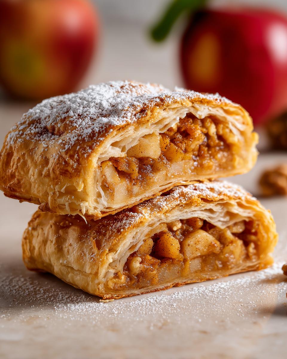 Two stacked slices of flaky apple strudel, showing the spiced apple and nut filling, dusted with powdered sugar.