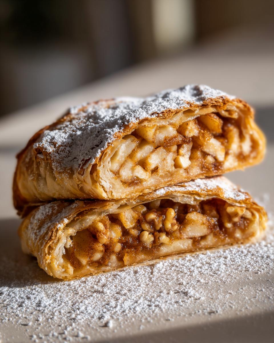 Two stacked slices of flaky apple strudel showing the cinnamon-spiced apple and nut filling, dusted with powdered sugar.