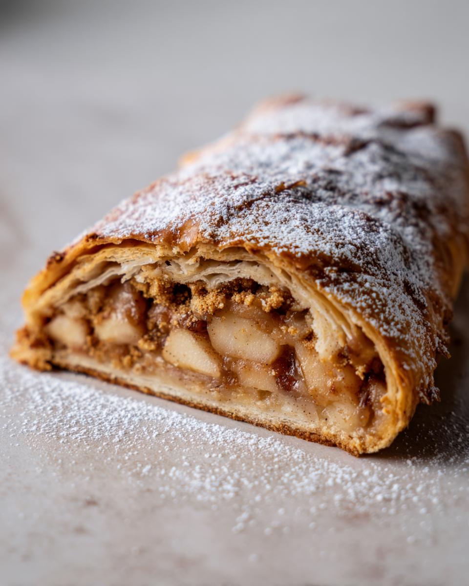 Close-up of a freshly baked apple strudel slice showing flaky pastry and spiced apple filling, dusted with powdered sugar.