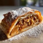 Close-up of a flaky, golden-brown slice of apple strudel filled with spiced apples and nuts, dusted heavily with powdered sugar.