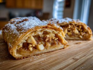 Close-up of a flaky, golden apple strudel slice dusted with powdered sugar, showing apple and walnut filling.