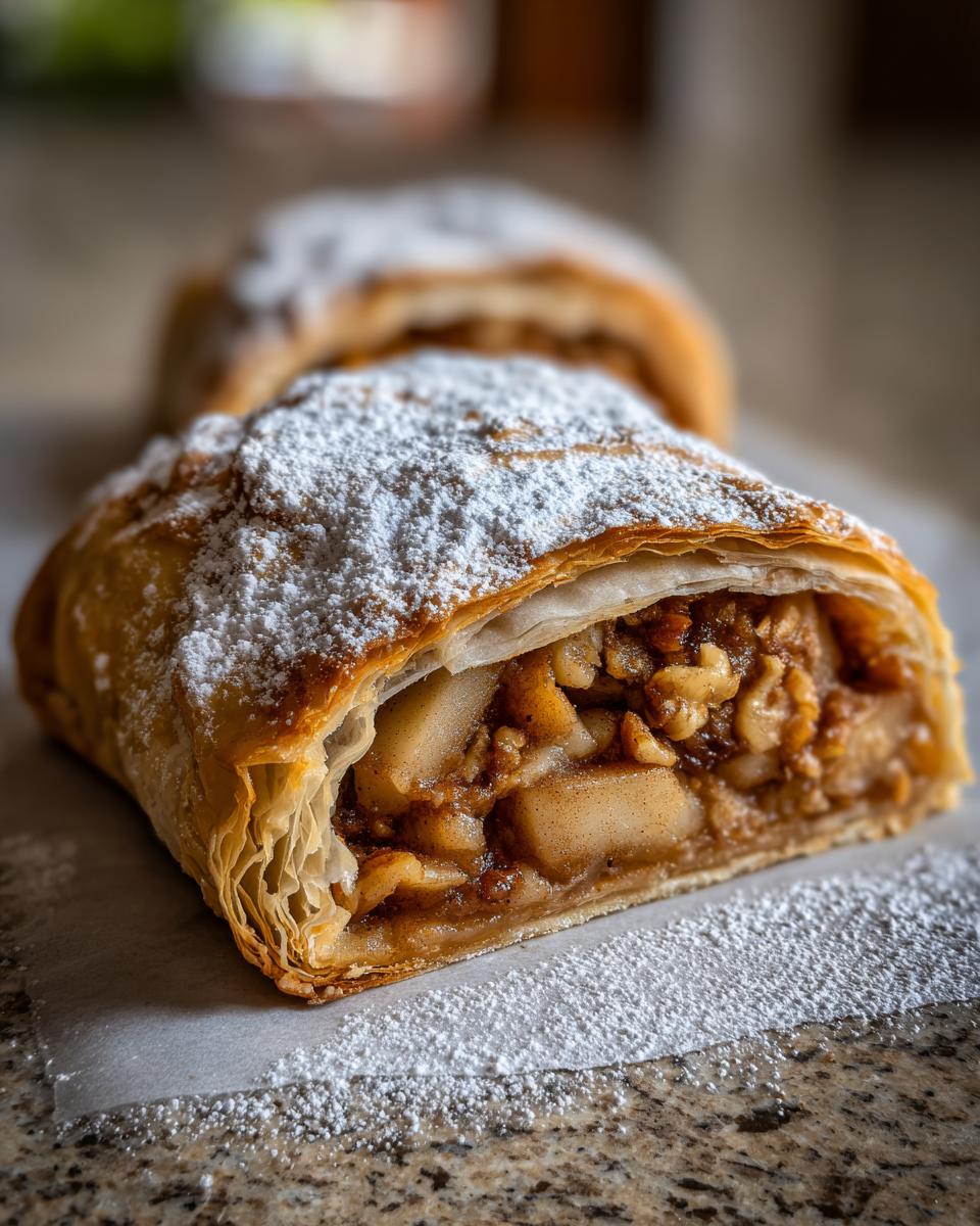Close-up of a flaky, golden brown apple strudel slice filled with spiced apples and nuts, dusted heavily with powdered sugar.