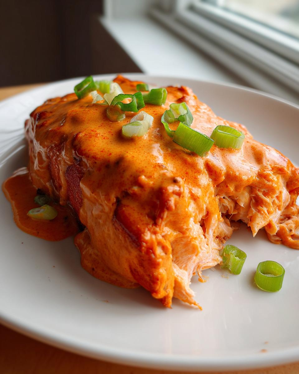 A close-up of flaky bang bang salmon covered in a creamy orange sauce and topped with sliced green onions.