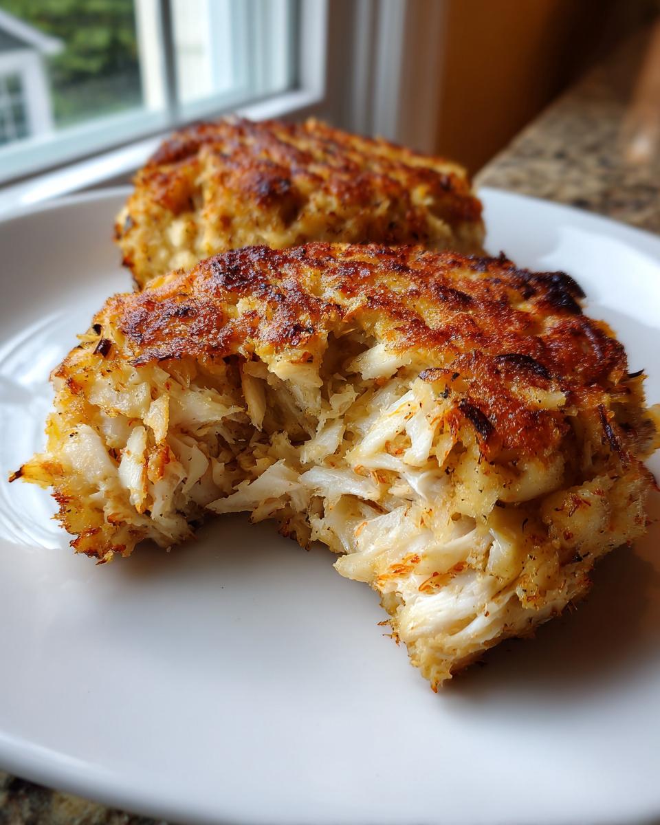 Close-up of a flaky, golden-brown Maryland crab cake with a bite taken out, revealing large chunks of white crab meat.