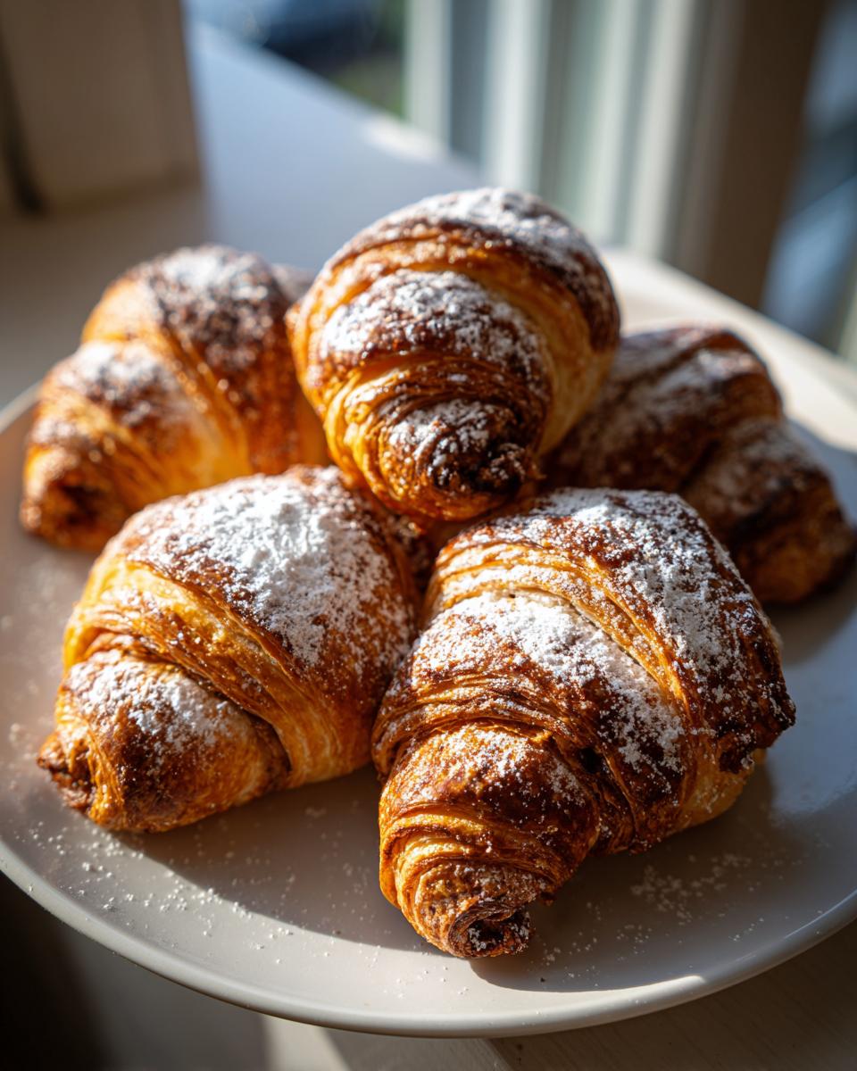 Close-up of several golden brown, flaky pastries dusted heavily with powdered sugar, resembling Rugelach.