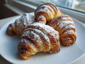 Four golden brown, flaky pastries dusted with powdered sugar, resembling small croissants, representing homemade Rugelach.