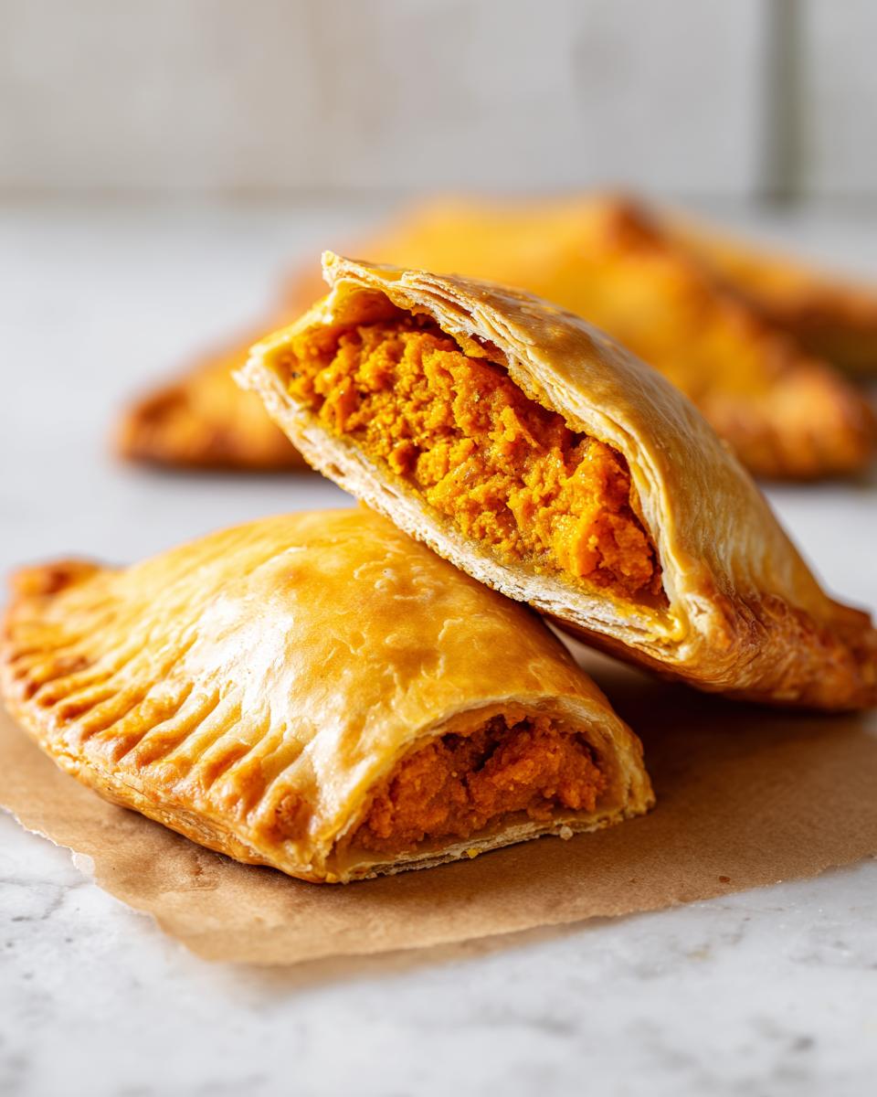 Two golden-brown pumpkin empanadas, one cut open to show the rich orange pumpkin filling.