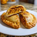 Three golden-brown baked pumpkin empanadas on a white plate, one cut open showing the rich orange pumpkin filling.