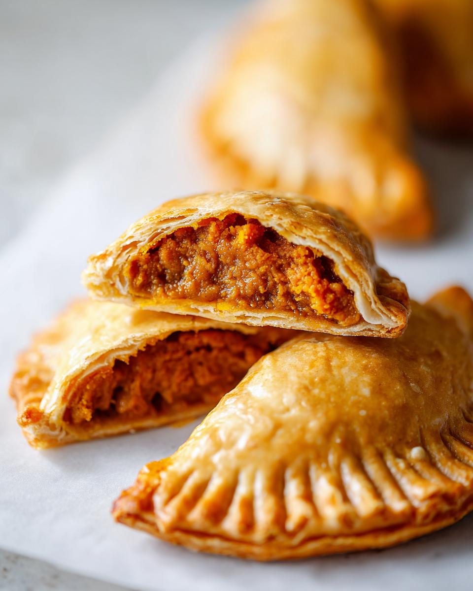 Close-up of a flaky baked pumpkin empanadas cut in half, revealing the rich orange filling inside.