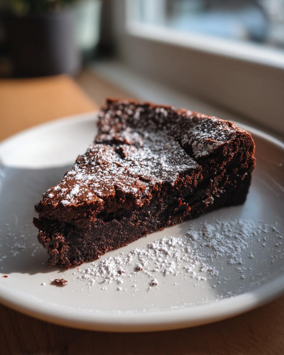 A rich, dark slice of flourless chocolate torte dusted generously with powdered sugar on a white plate.