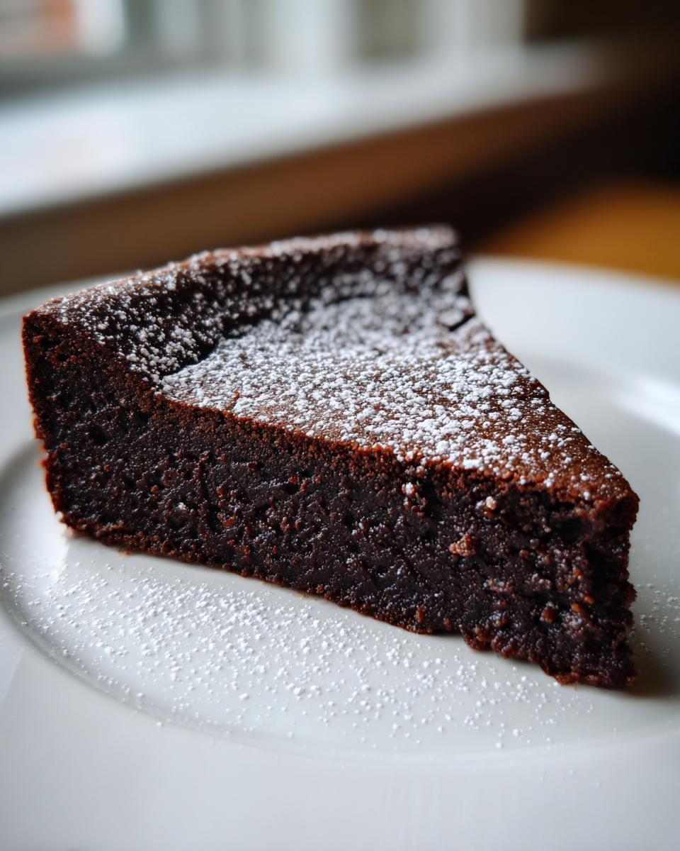 A rich, dark slice of flourless chocolate torte dusted lightly with powdered sugar, served on a white plate.