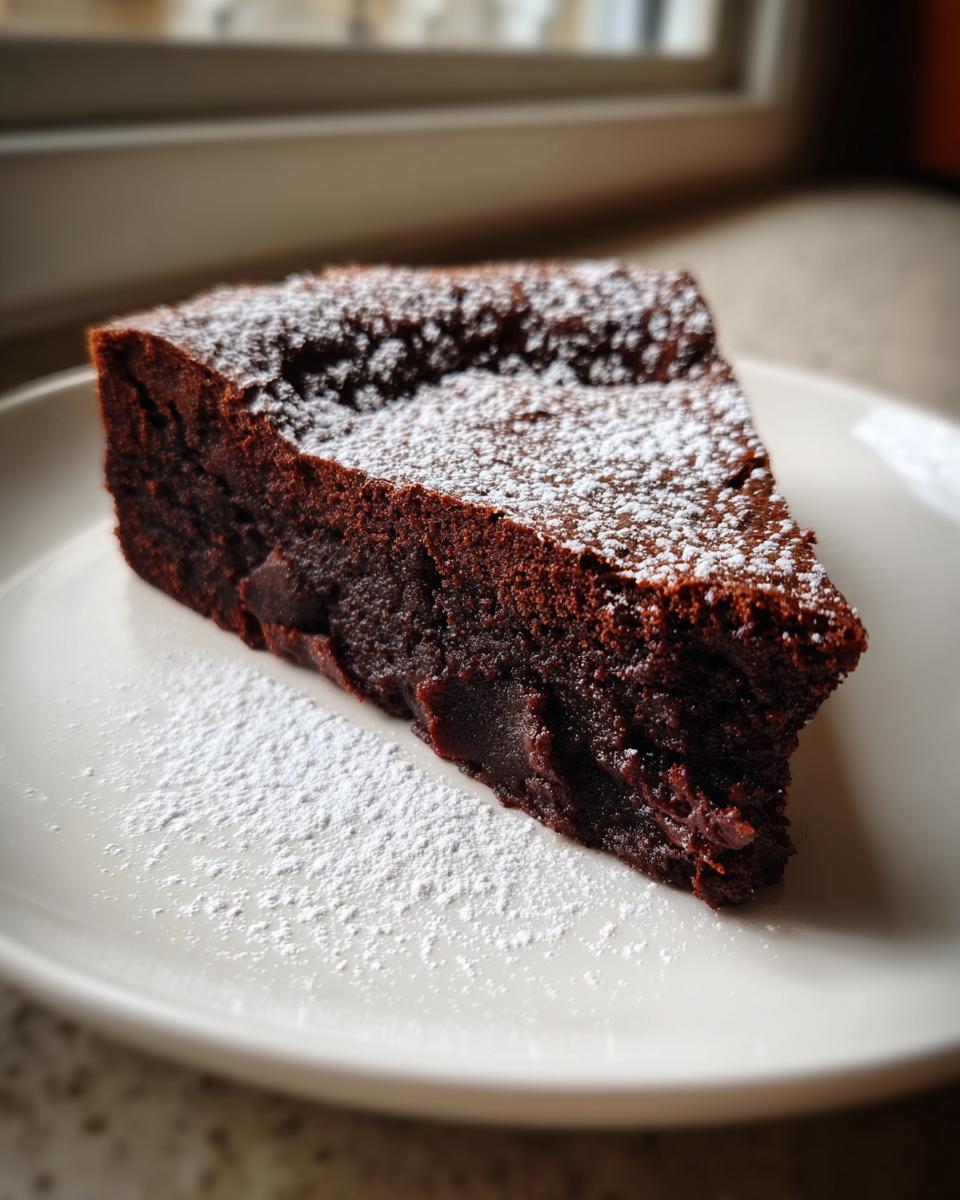 A decadent slice of flourless chocolate torte dusted heavily with white powdered sugar, served on a white plate.