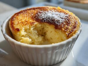 Close-up of a single serving baked egg custard in a white ramekin with a browned, sugary top and powdered sugar.