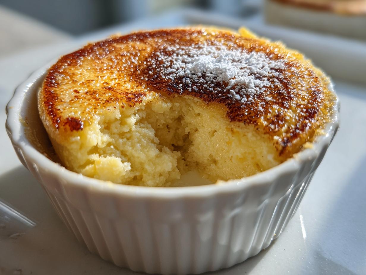 Close-up of a single serving baked egg custard in a white ramekin with a browned, sugary top and powdered sugar.