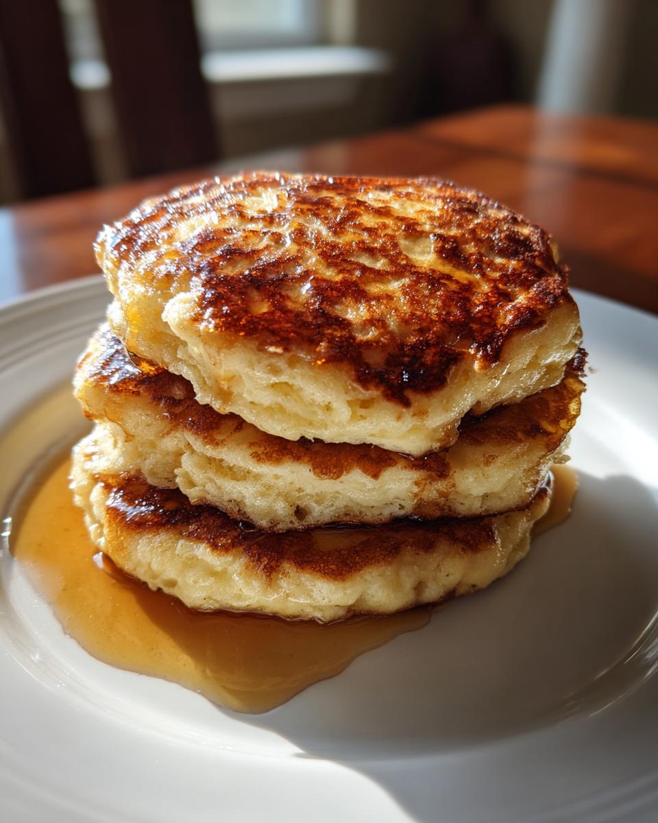 Close-up of a stack of three fluffy banana pancakes drizzled with golden syrup.