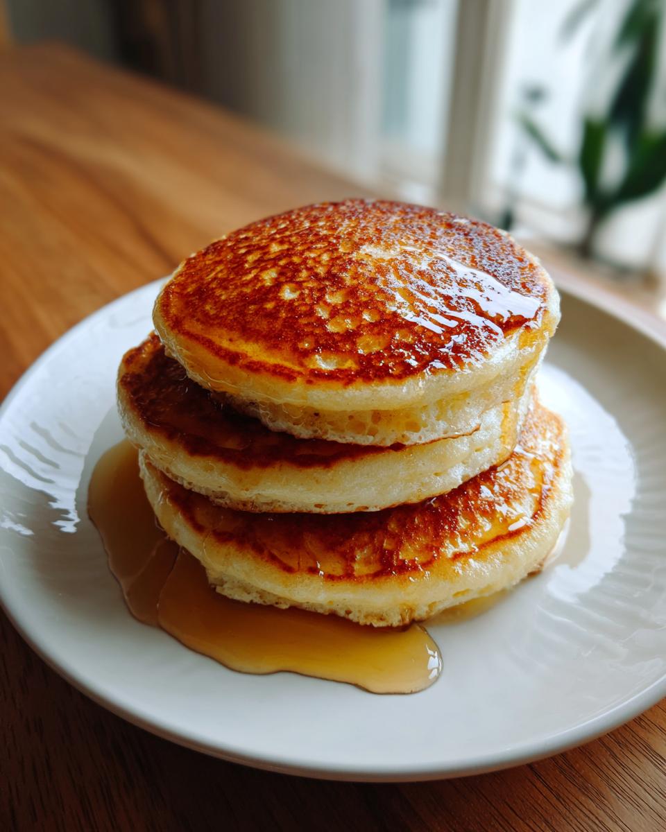 A stack of three golden brown banana pancakes drizzled generously with syrup on a white plate.