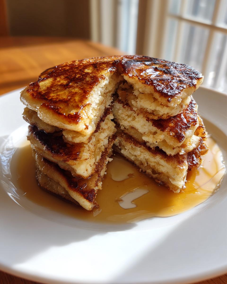 A tall stack of fluffy banana pancakes, cut to show the texture, drenched in maple syrup on a white plate.