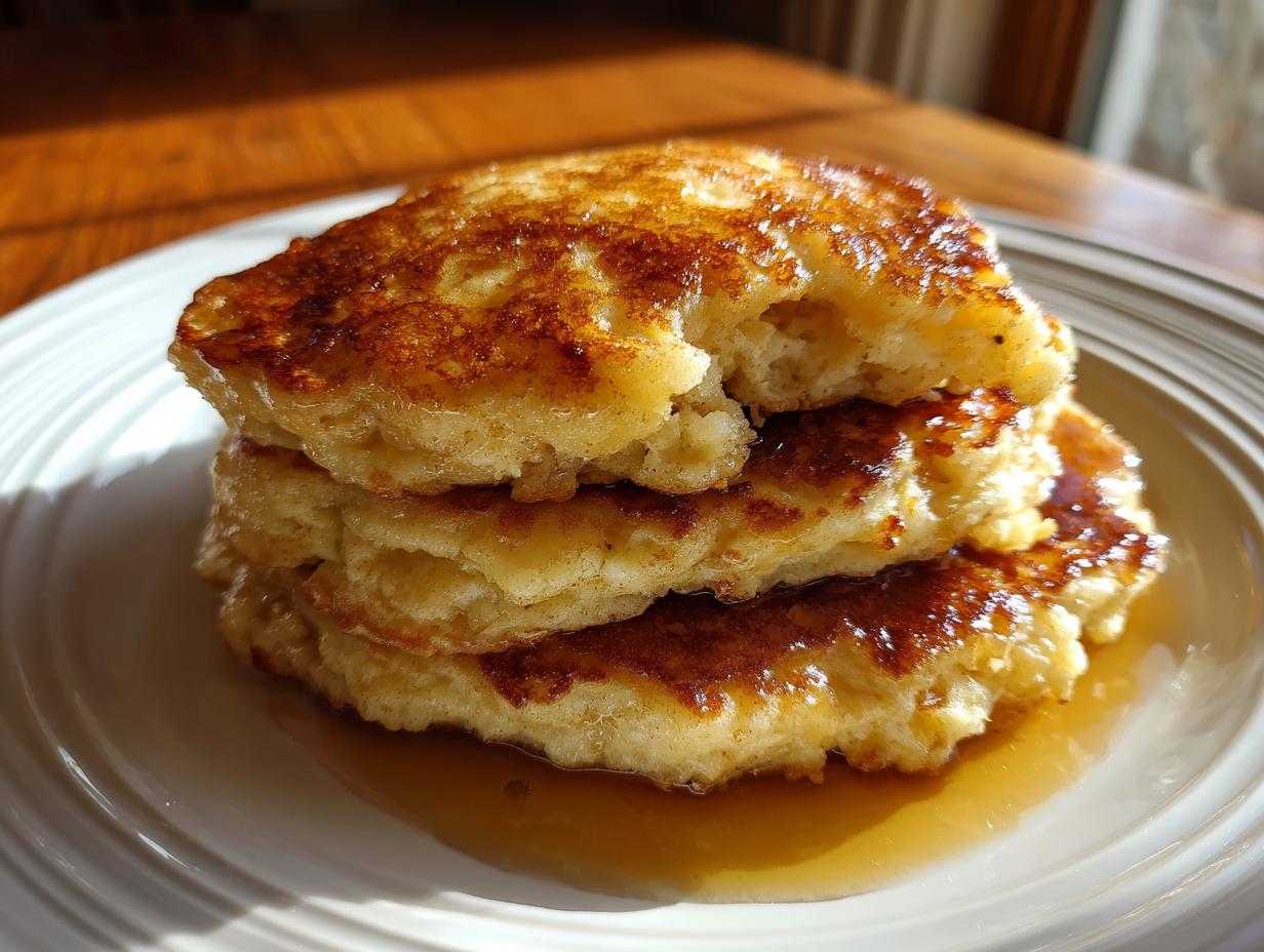 A close-up of a stack of three fluffy banana pancakes drizzled with syrup, sitting on a white plate.