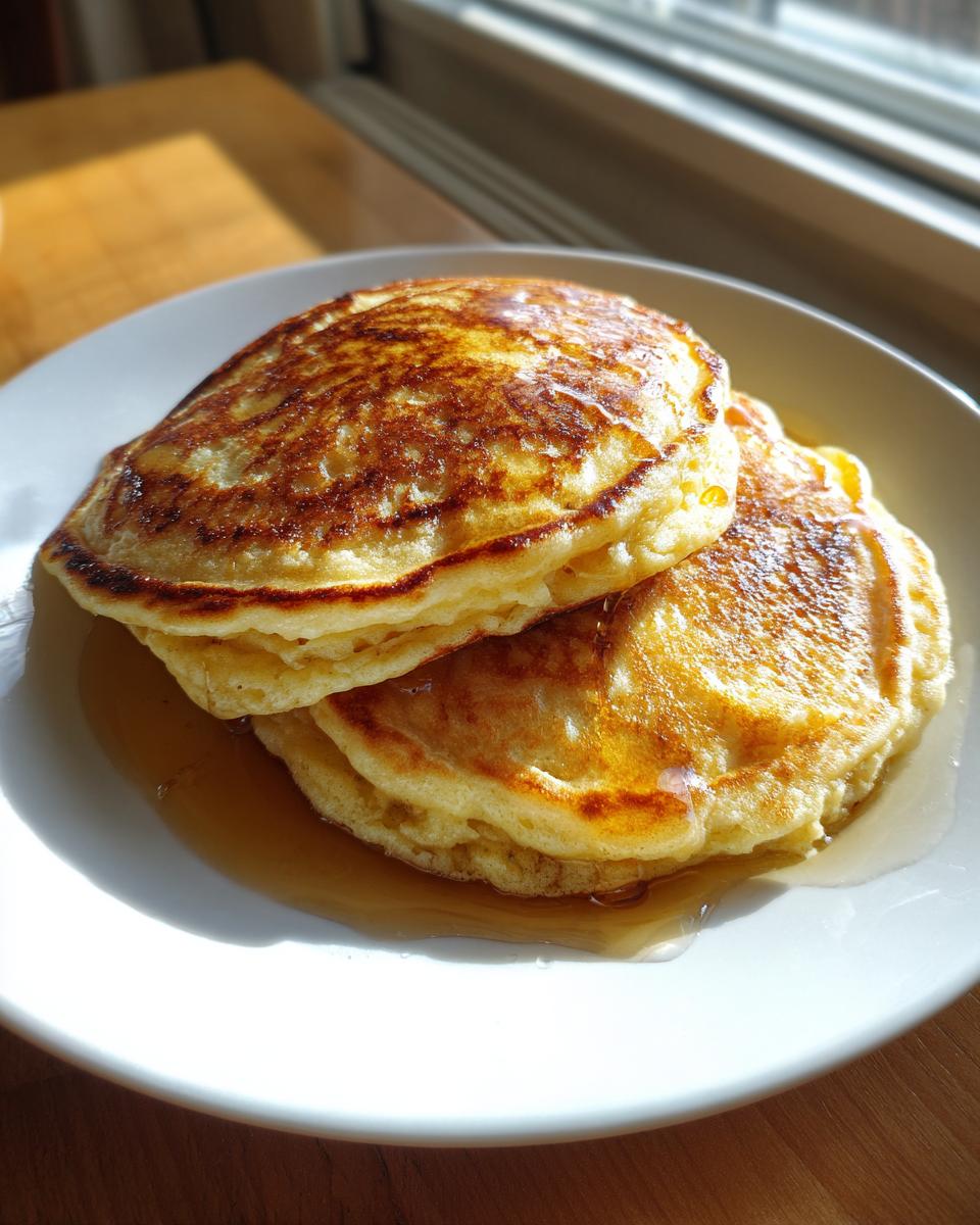 A close-up of two fluffy banana pancakes stacked on a white plate, drizzled with syrup.