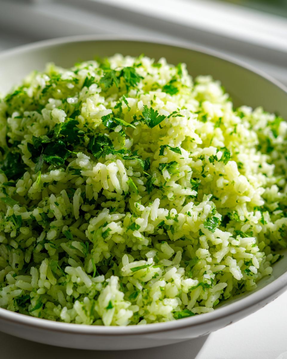 Close-up of fluffy cilantro lime rice, bright green from herbs, served in a light-colored bowl.