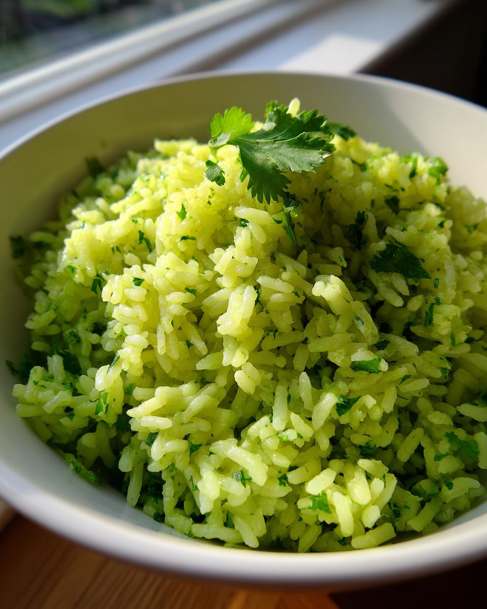 Close-up of fluffy cilantro lime rice, bright green from herbs, served in a white bowl.