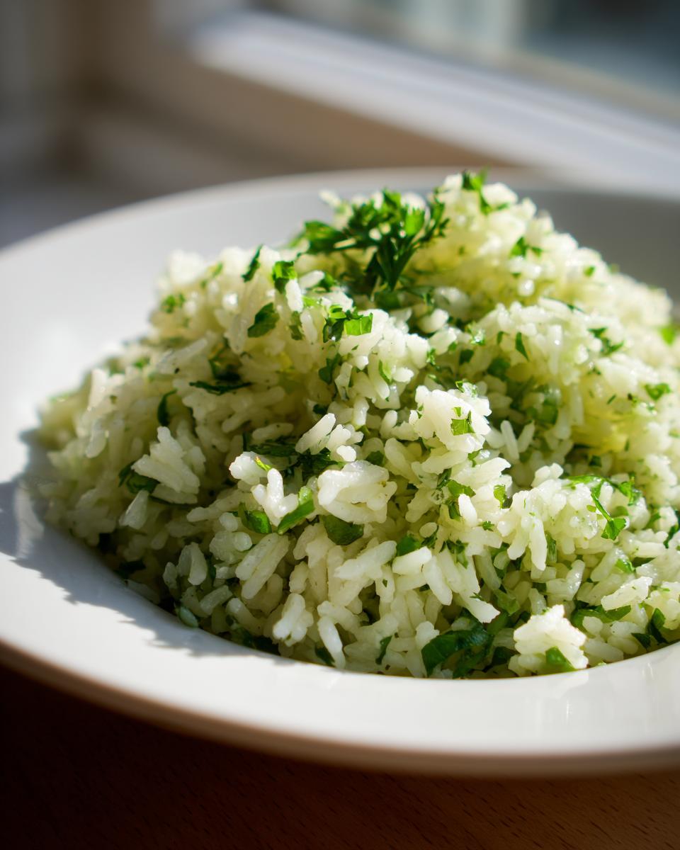 Close-up of fluffy cilantro lime rice, bright green with fresh herbs, served in a white bowl.