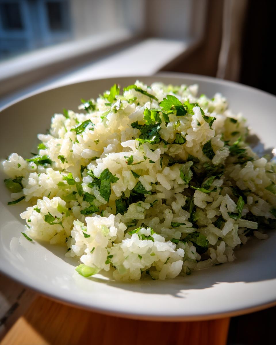 Close-up of fluffy cilantro lime rice served on a white plate, illuminated by bright natural light.