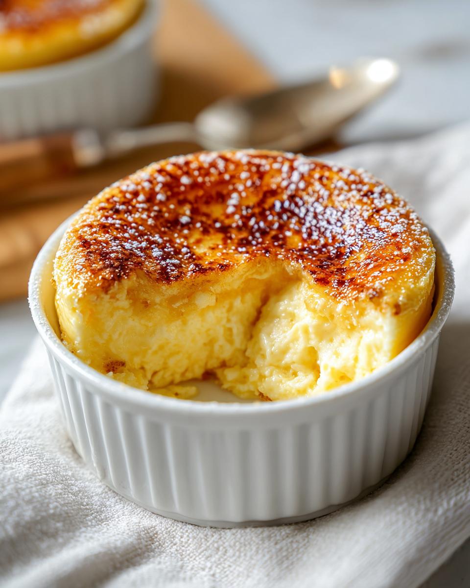 Close-up of a light and fluffy egg custard in a white ramekin with a caramelized top dusted with powdered sugar.