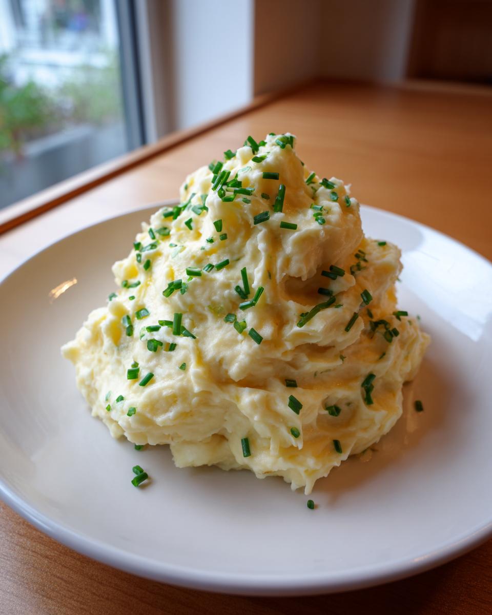 A generous mound of creamy garlic mashed potatoes topped with fresh, chopped green chives on a white plate.