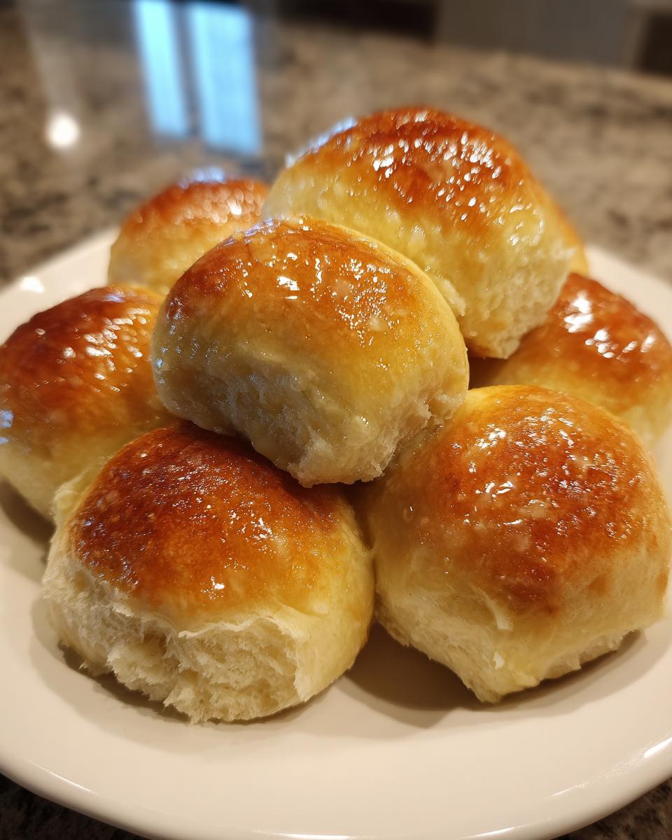 Close-up of several golden brown, fluffy dinner rolls stacked on a white plate, brushed with a shiny glaze.