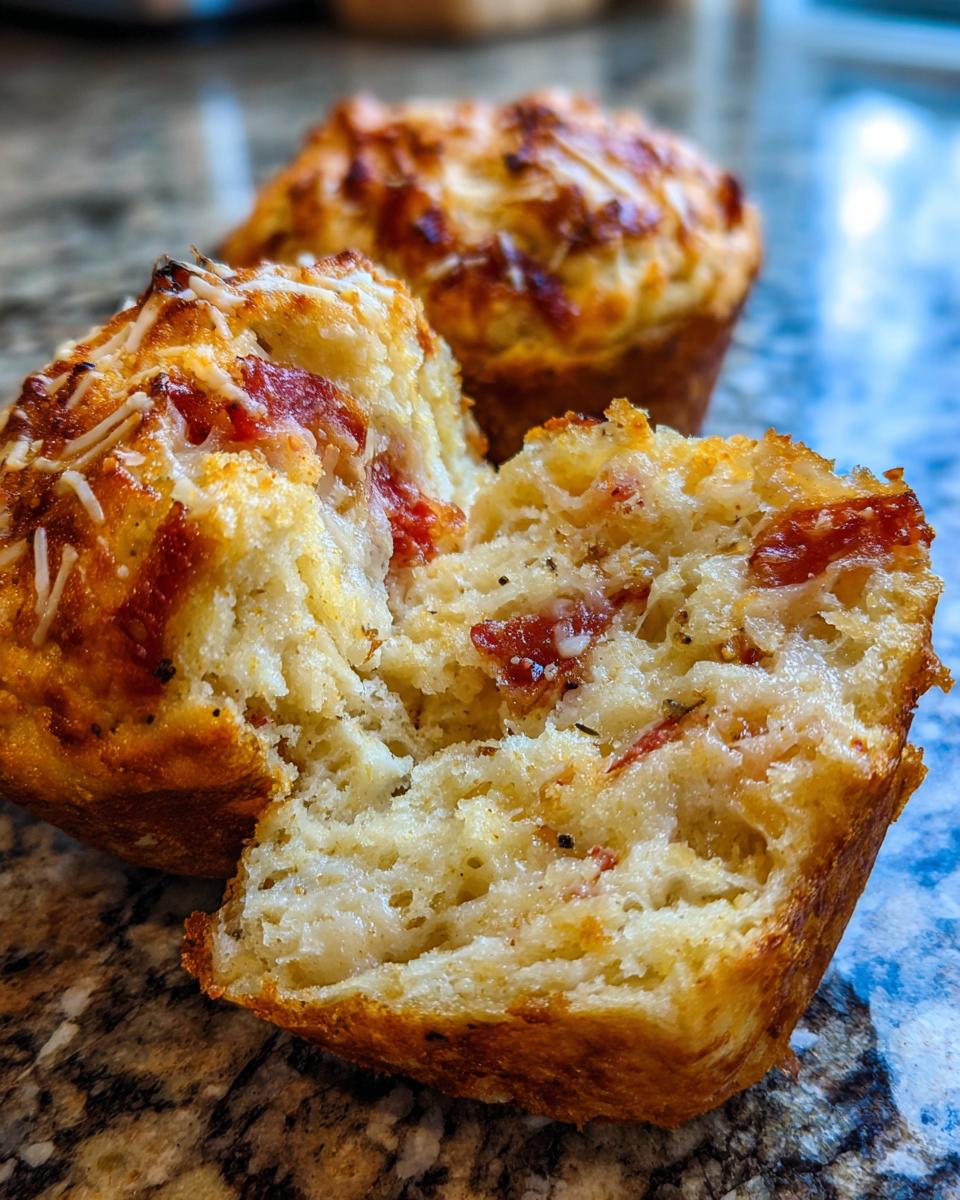 Close-up of a pizza muffin broken in half, showing the fluffy interior with melted cheese and pepperoni pieces, part of our amazing pizza muffins recipe.