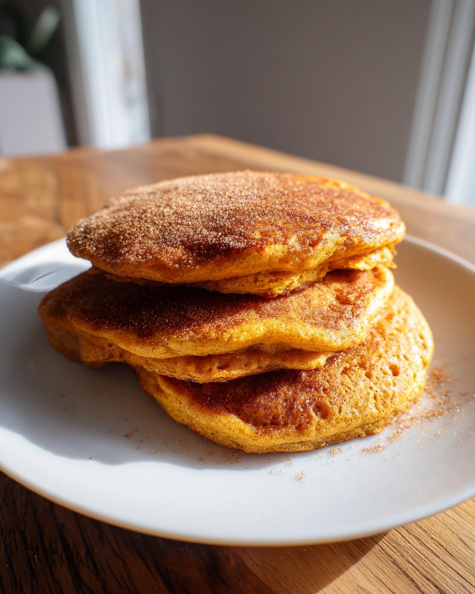 A stack of three fluffy pumpkin pancakes dusted generously with cinnamon sugar on a white plate.