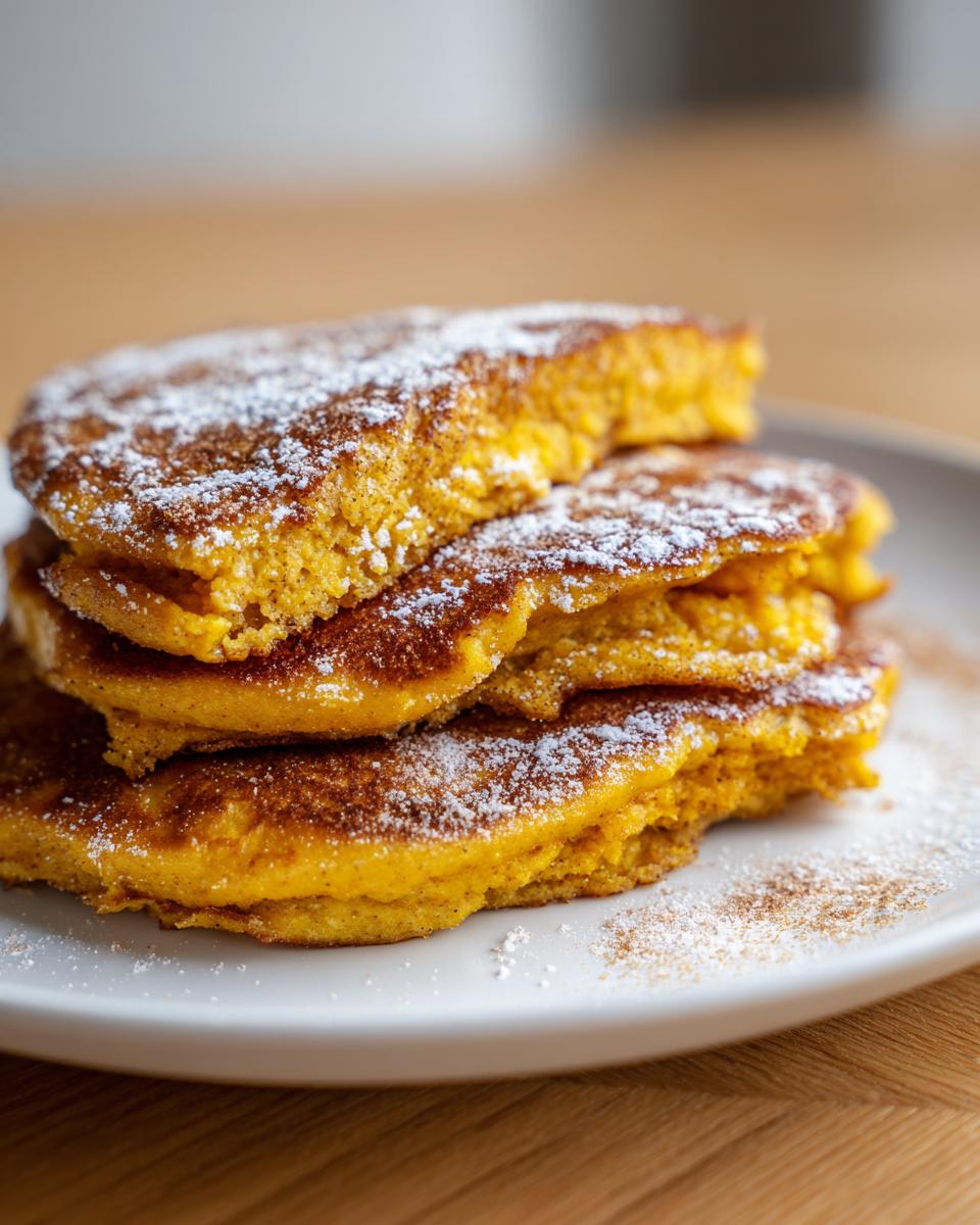Close-up of a stack of fluffy, orange Pumpkin Pancakes dusted generously with powdered sugar.