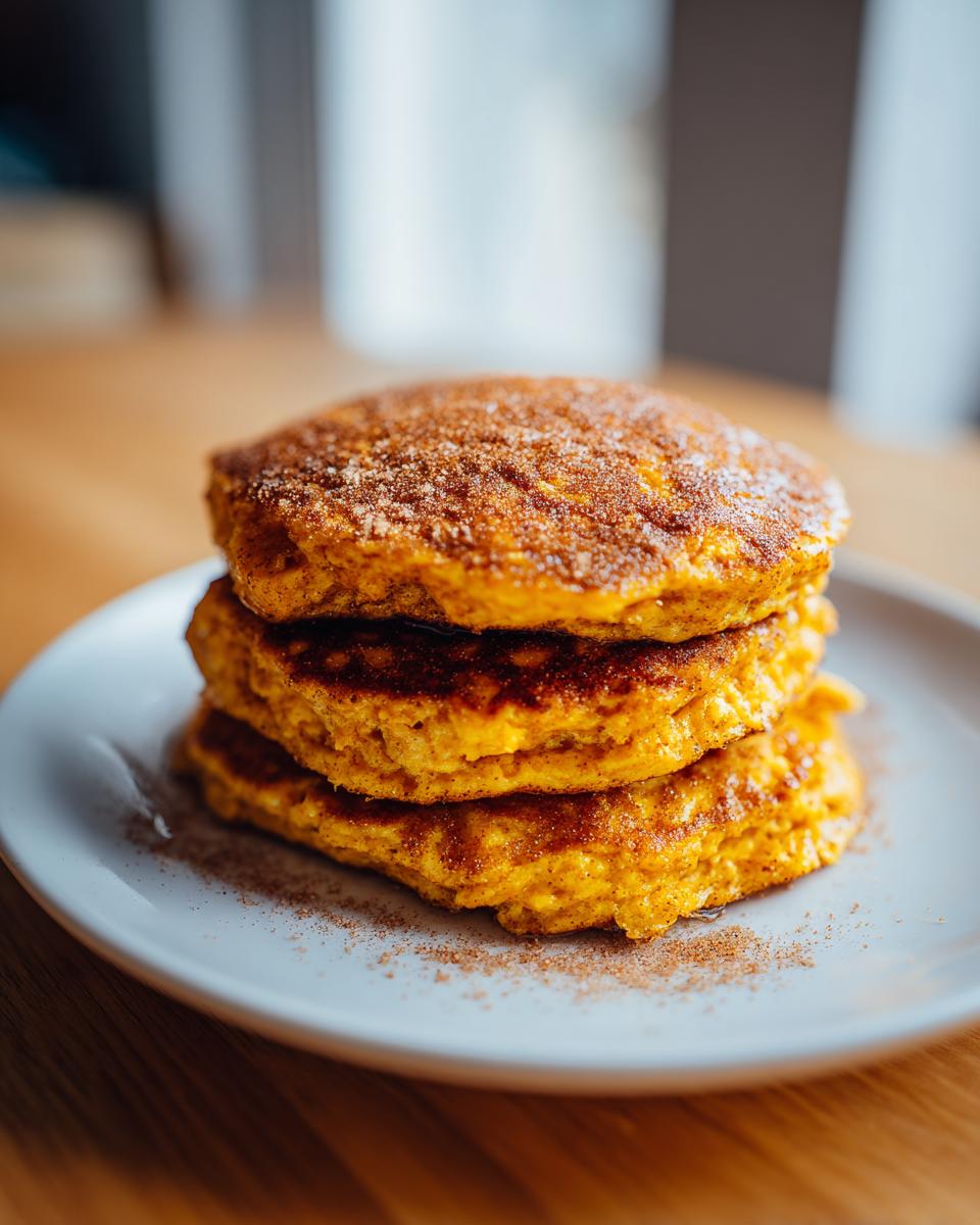 Close-up of three fluffy pumpkin pancakes stacked on a white plate, dusted with cinnamon sugar.