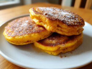 A stack of three fluffy, golden-orange pumpkin pancakes dusted with powdered sugar on a white plate.
