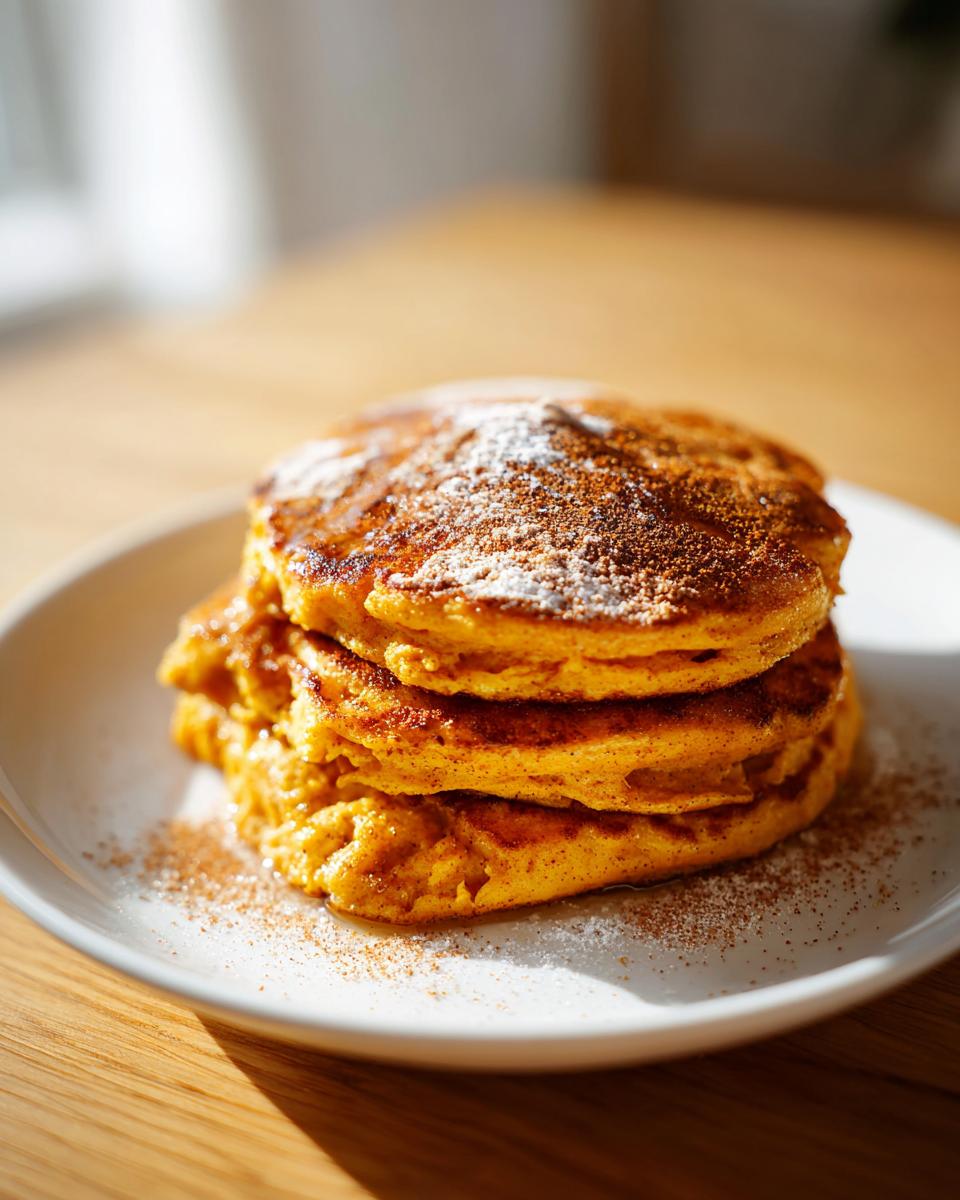 A stack of three fluffy pumpkin pancakes dusted with powdered sugar and cinnamon on a white plate.