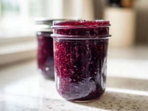 Close-up of a glass jar filled with rich, textured blackberry jam, ready for canning.