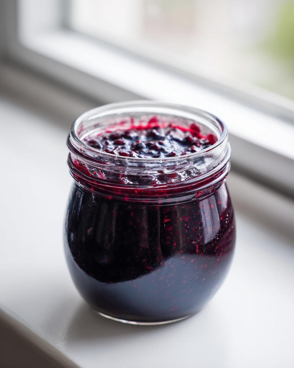 A glass jar filled with rich, dark homemade blackberry jam sitting on a white windowsill.