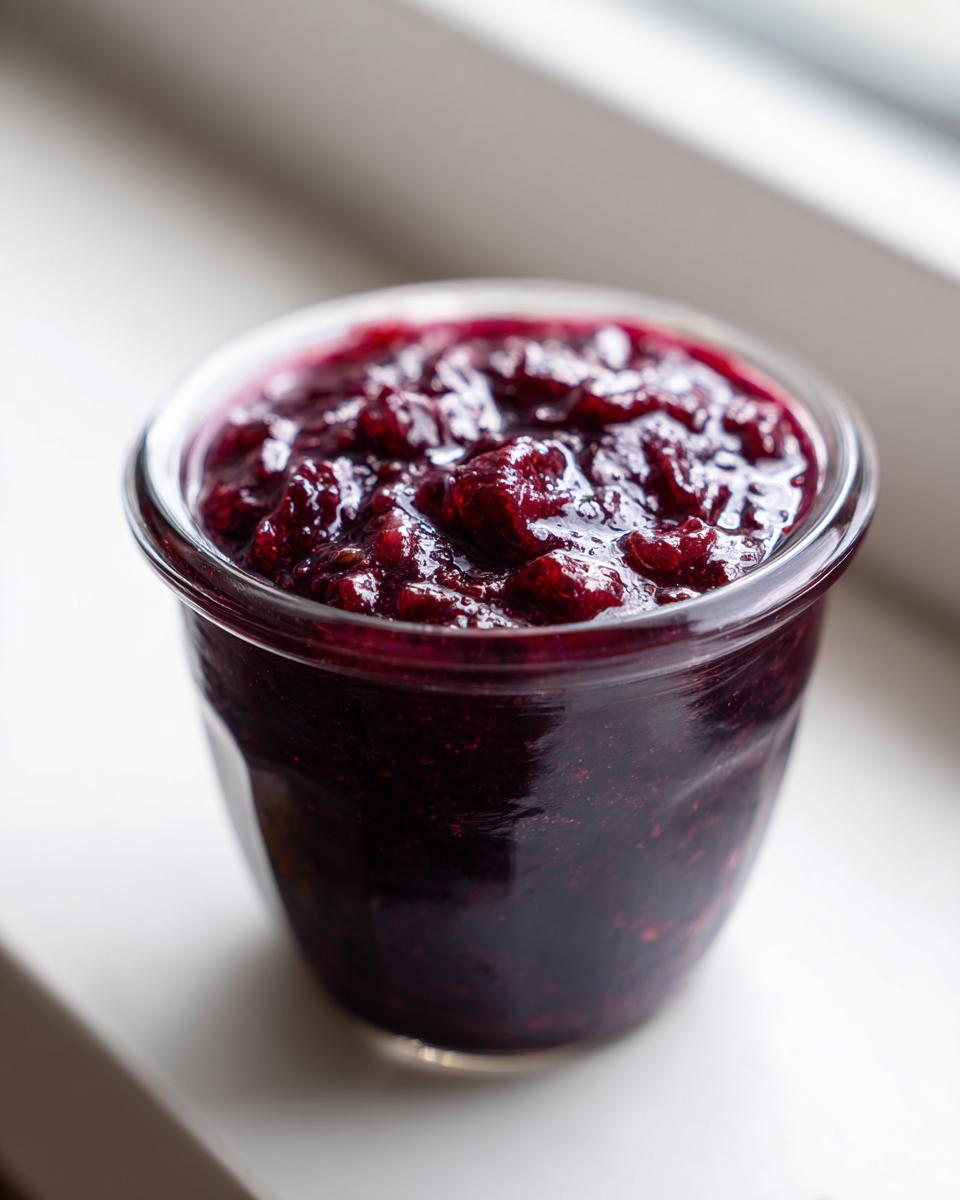 Close-up of rich, deep purple blackberry jam with visible fruit pieces in a small glass jar.
