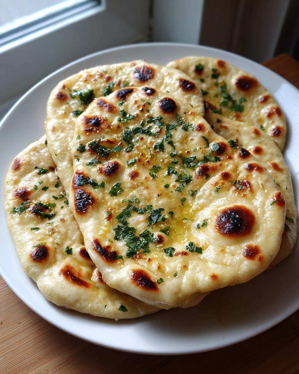 A stack of freshly baked, soft naan bread brushed with melted butter and topped with chopped cilantro.