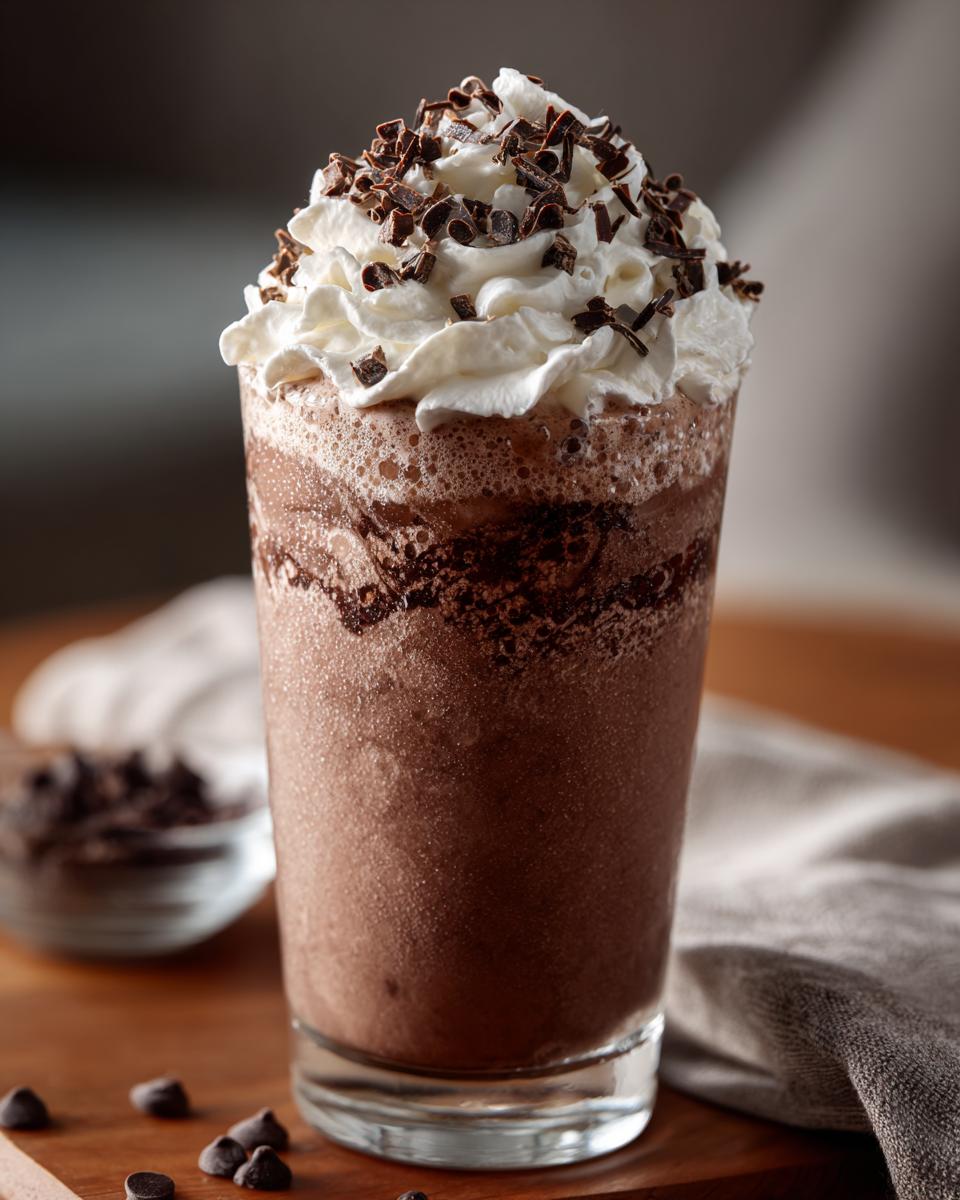 Close-up of a tall glass of rich, blended frozen hot chocolate topped with whipped cream and chocolate shavings.