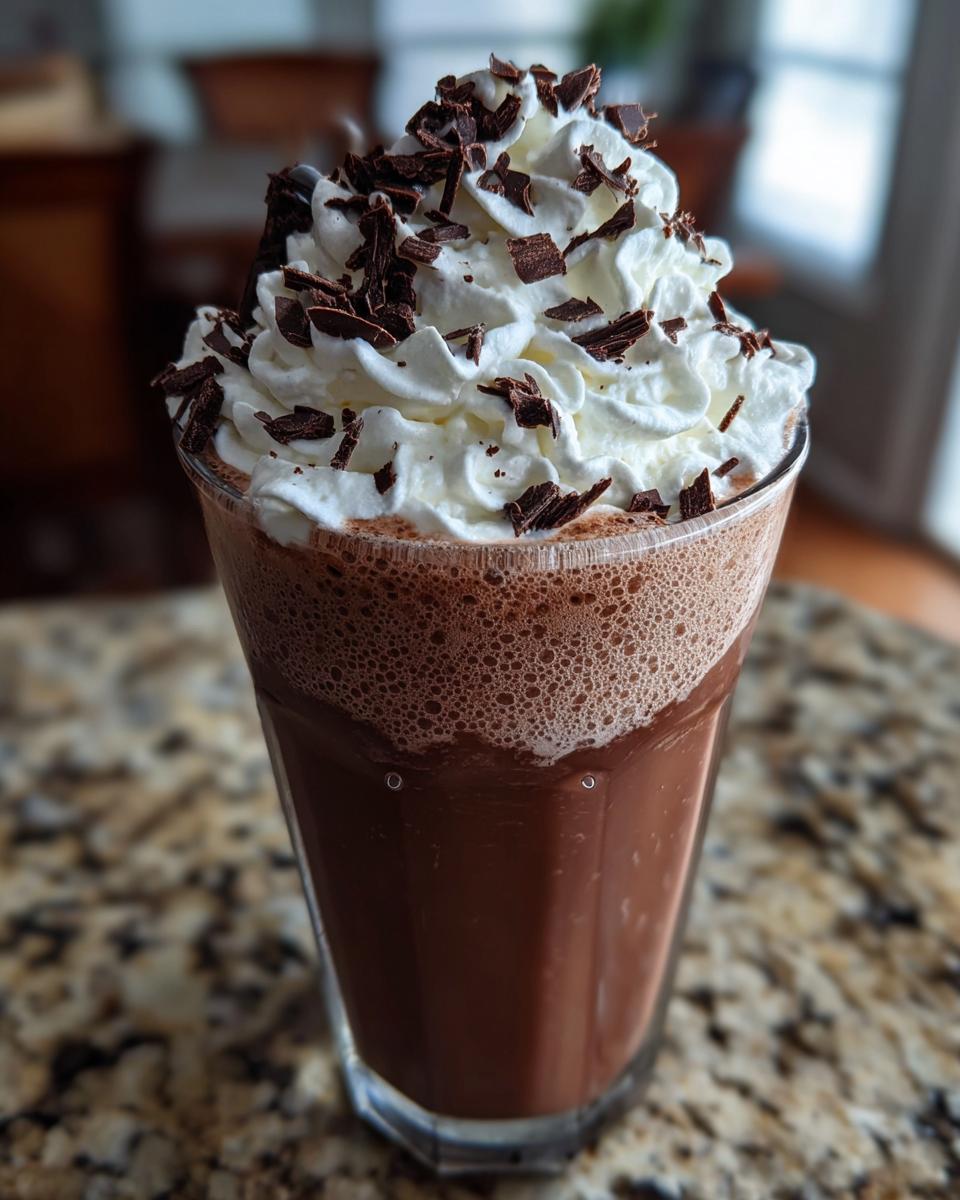 A tall glass of rich, blended frozen hot chocolate topped generously with whipped cream and chocolate shavings.