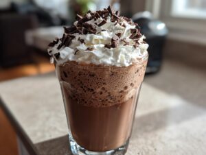 A tall glass of frothy frozen hot chocolate topped with whipped cream and chocolate shavings.
