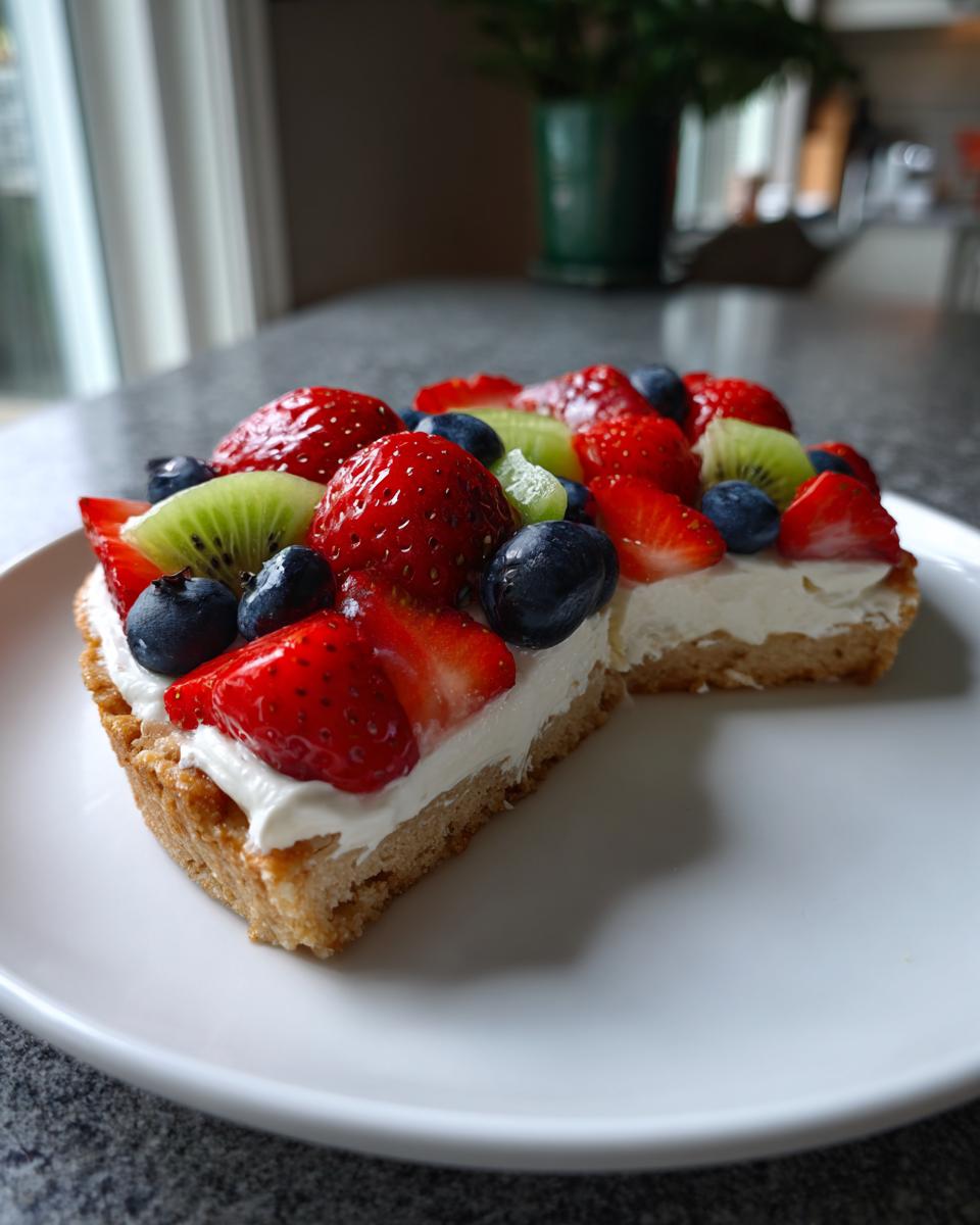 A slice of fruit pizza sugar cookie topped with white cream, fresh strawberries, blueberries, and kiwi.