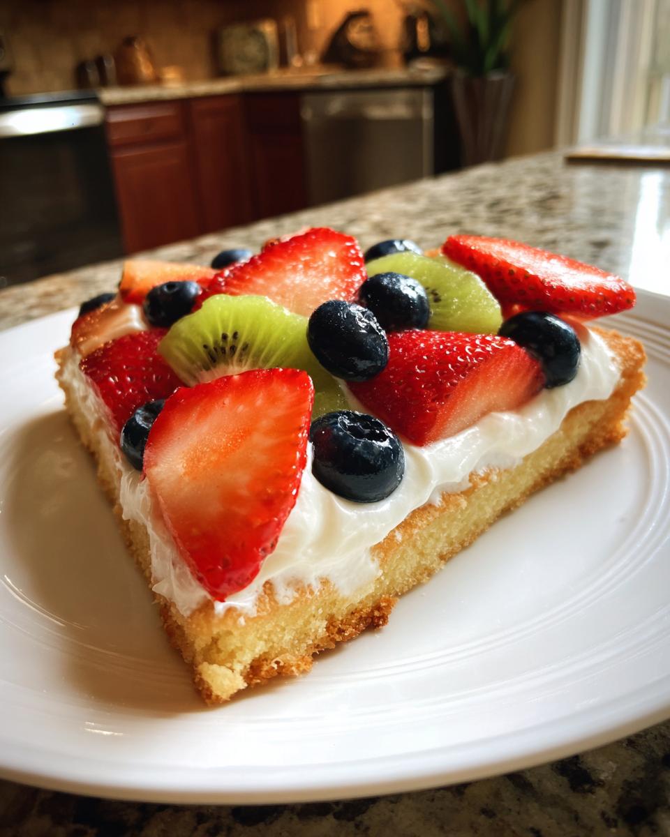 A close-up slice of fruit pizza sugar cookie topped with cream cheese frosting, strawberries, blueberries, and kiwi.