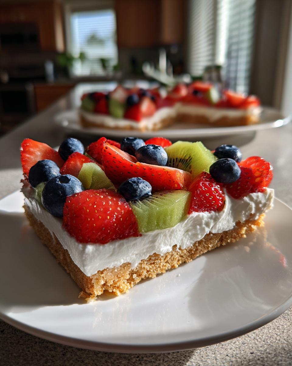 Close-up of a square slice of fruit pizza sugar cookie topped with cream cheese frosting, strawberries, blueberries, and kiwi.