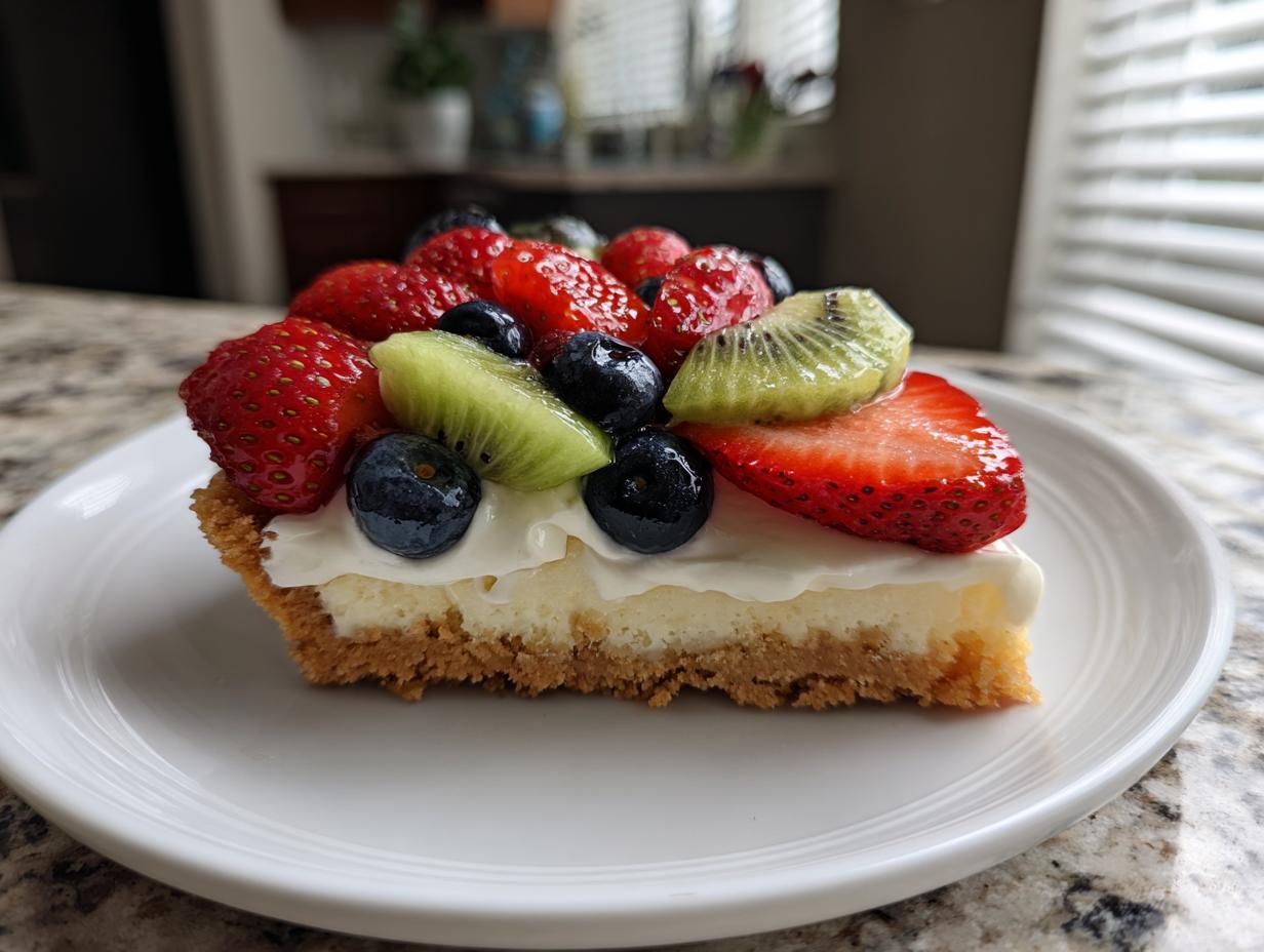 A close-up slice of fruit pizza sugar cookie topped with cream cheese frosting and fresh strawberries, blueberries, and kiwi.