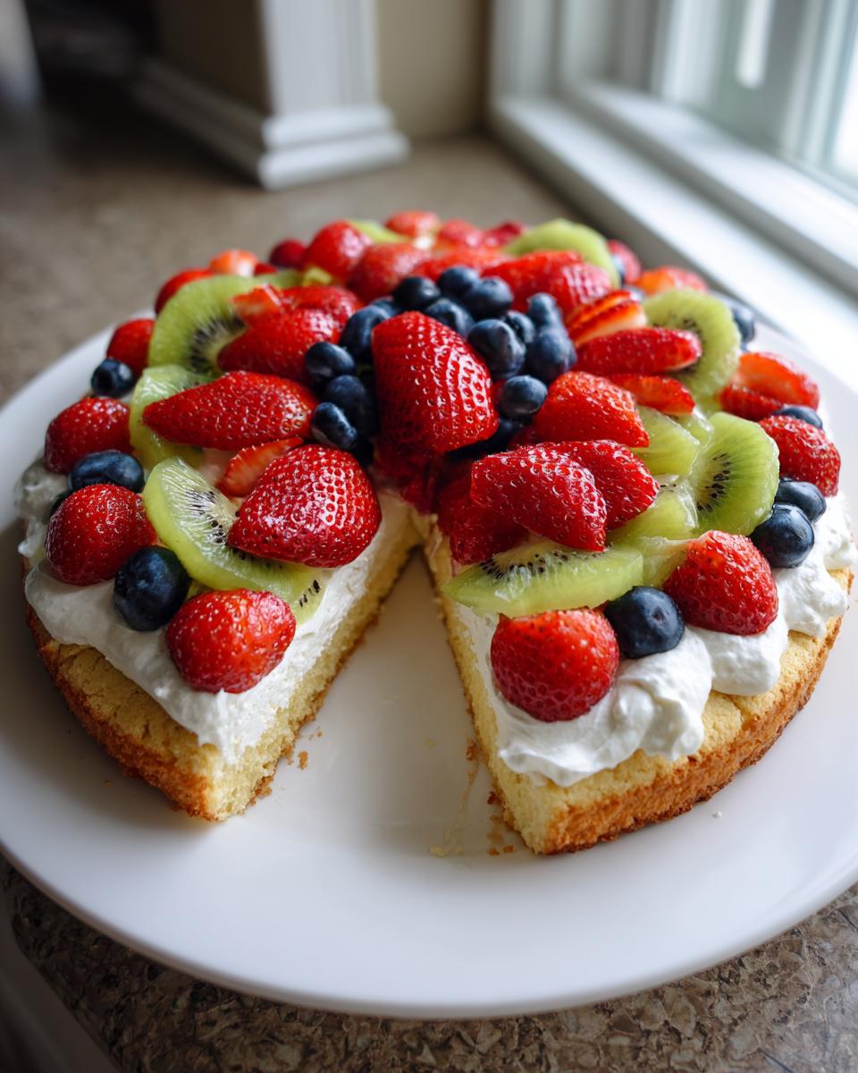 A slice removed from a fruit pizza sugar cookie topped with whipped cream, strawberries, blueberries, and kiwi.