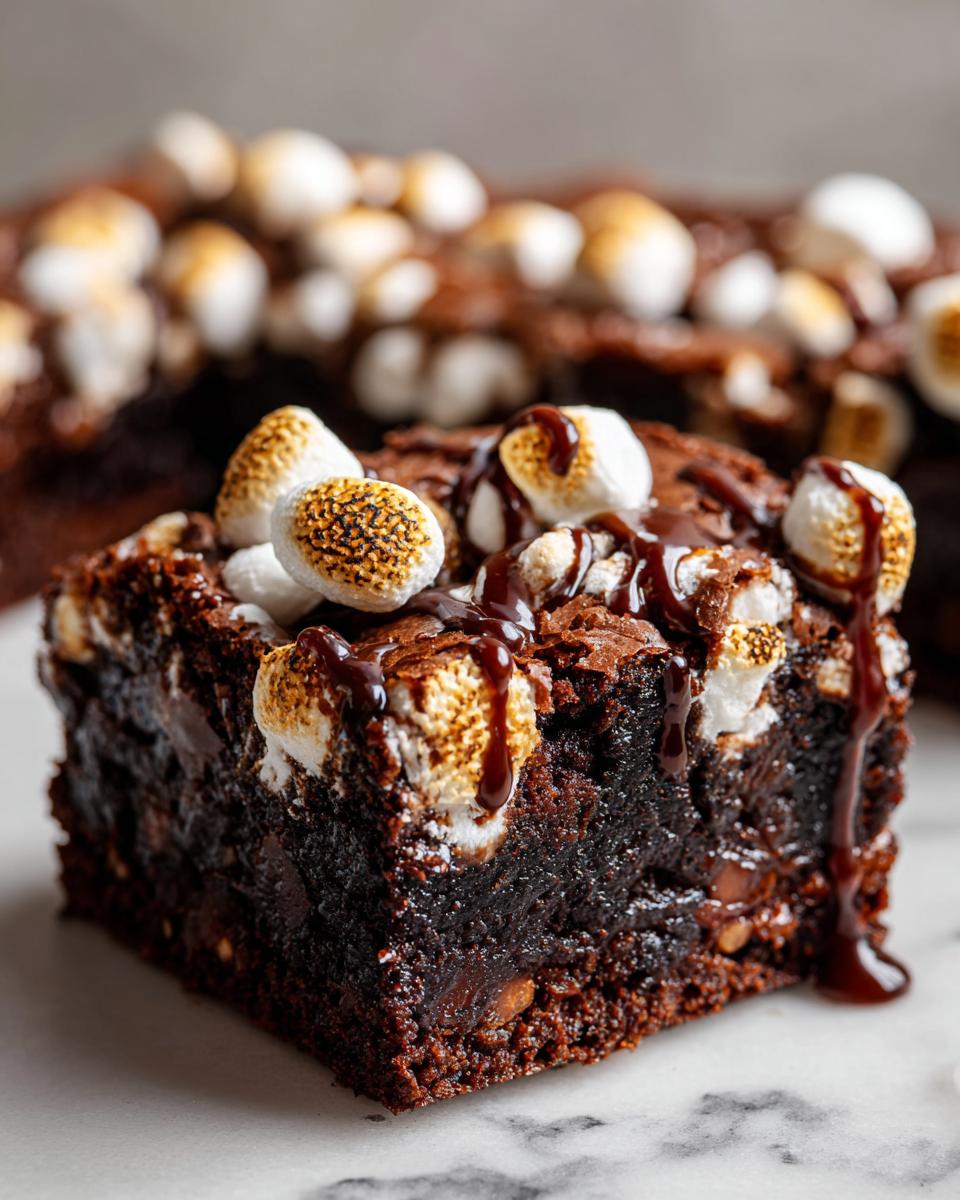 Close-up of a fudgy hot chocolate brownie topped with toasted mini marshmallows and chocolate drizzle.