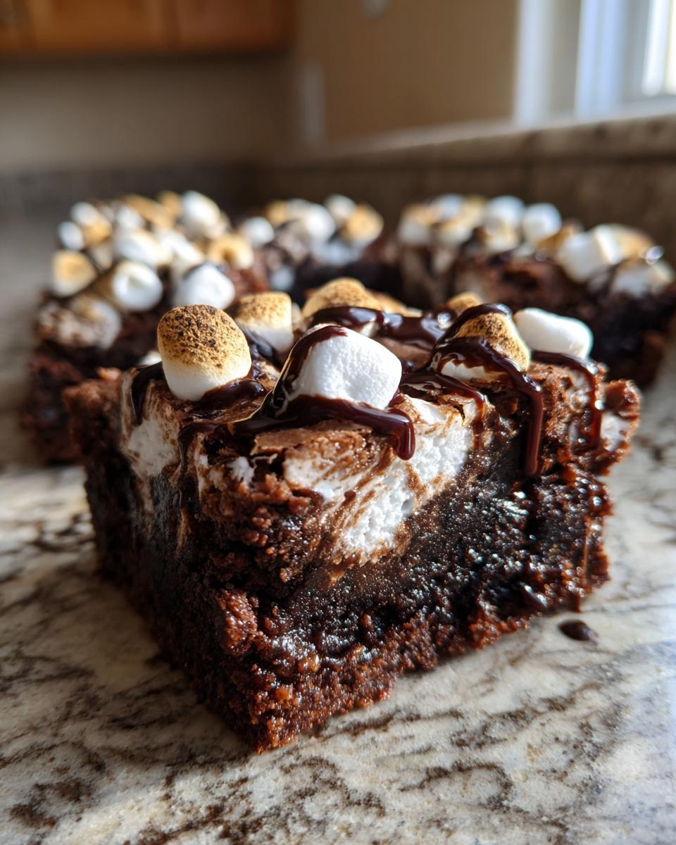 Close-up of a fudgy hot chocolate brownie square topped with melted marshmallows and chocolate drizzle.